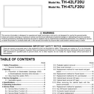 Panasonic th 42lf20u 47lf20u service manual cover with photo of the television, TV type, chassis code, model code, creation date and document number