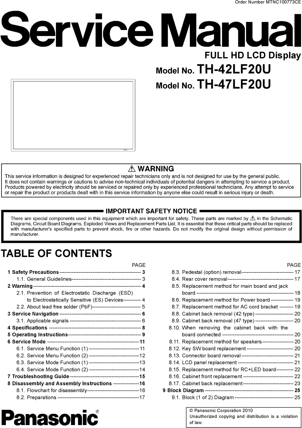 Panasonic th 42lf20u 47lf20u service manual cover with photo of the television, TV type, chassis code, model code, creation date and document number