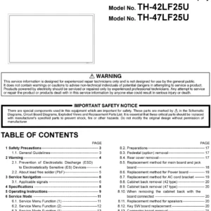 Panasonic th 42lf25u 47lf25u service manual cover with photo of the television, TV type, chassis code, model code, creation date and document number