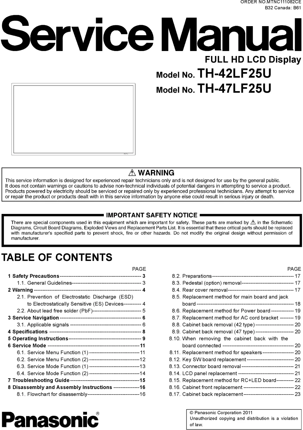 Panasonic th 42lf25u 47lf25u service manual cover with photo of the television, TV type, chassis code, model code, creation date and document number
