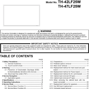 Panasonic th 42lf25w th 47lf25w service manual cover with photo of the television, TV type, chassis code, model code, creation date and document number
