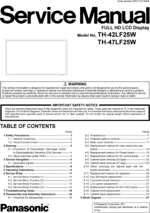 Panasonic th 42lf25w th 47lf25w service manual cover with photo of the television, TV type, chassis code, model code, creation date and document number