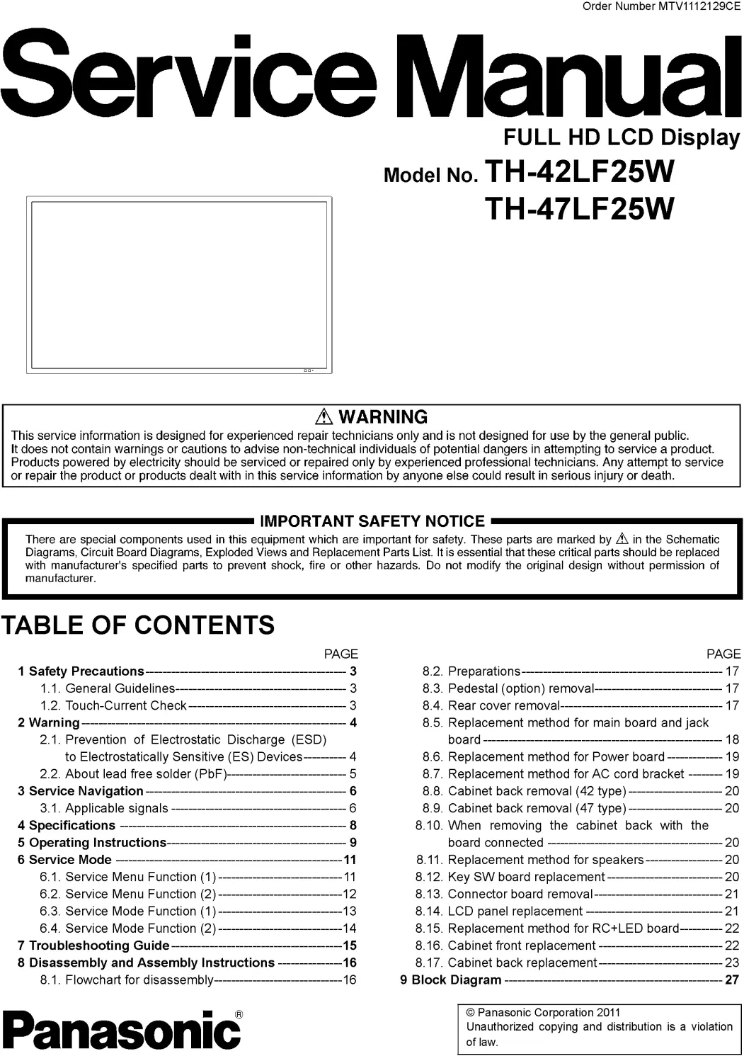 Panasonic th 42lf25w th 47lf25w service manual cover with photo of the television, TV type, chassis code, model code, creation date and document number