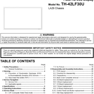 Panasonic th 42lf30u service manual cover with photo of the television, TV type, chassis code, model code, creation date and document number