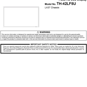 Panasonic th 42lf5u service manual cover with photo of the television, TV type, chassis code, model code, creation date and document number