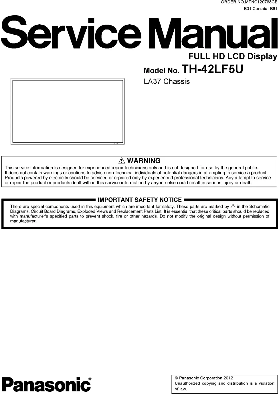 Panasonic th 42lf5u service manual cover with photo of the television, TV type, chassis code, model code, creation date and document number