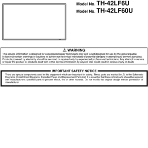 Panasonic th 42lf6u 42lf60u service manual cover with photo of the television, TV type, chassis code, model code, creation date and document number
