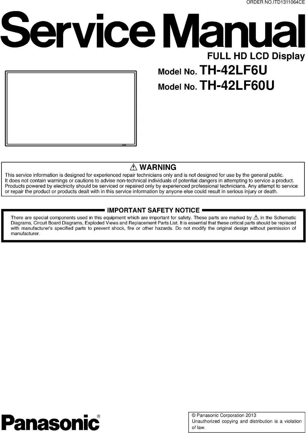 Panasonic th 42lf6u 42lf60u service manual cover with photo of the television, TV type, chassis code, model code, creation date and document number