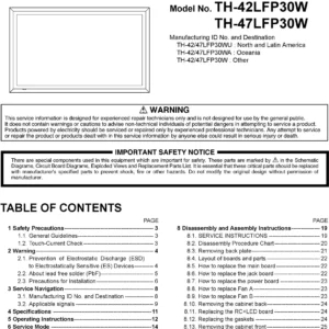 Panasonic th 42lfp30w 47lfp30w service manual cover with photo of the television, TV type, chassis code, model code, creation date and document number