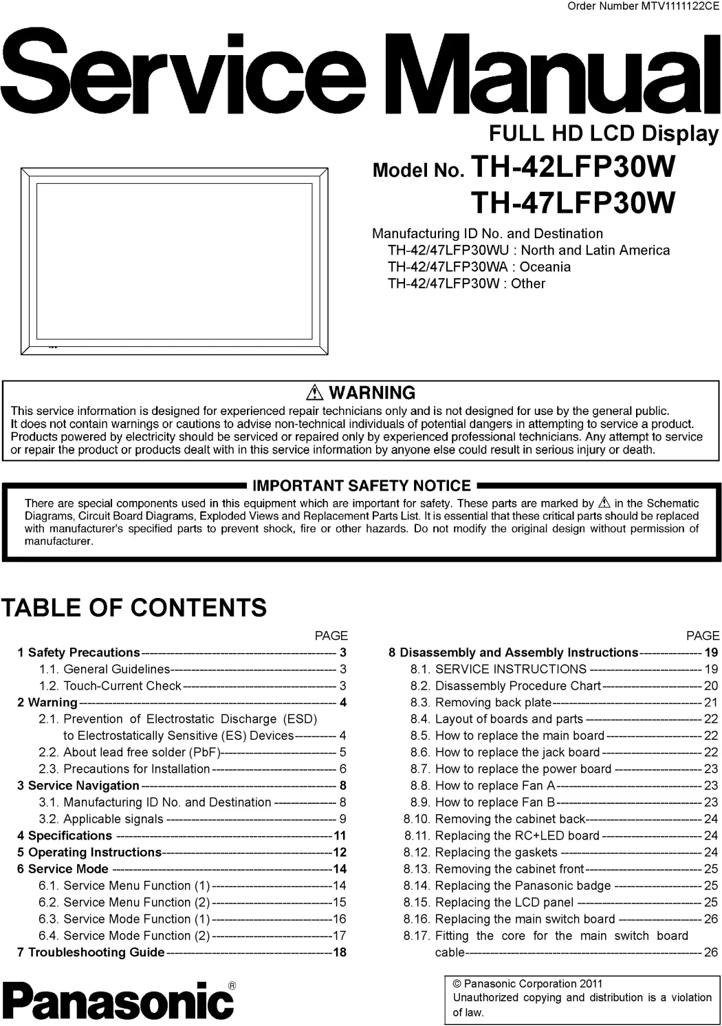 Panasonic th 42lfp30w 47lfp30w service manual cover with photo of the television, TV type, chassis code, model code, creation date and document number
