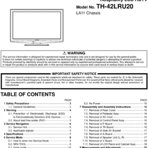 Panasonic th 42lru20 service manual cover with photo of the television, TV type, chassis code, model code, creation date and document number