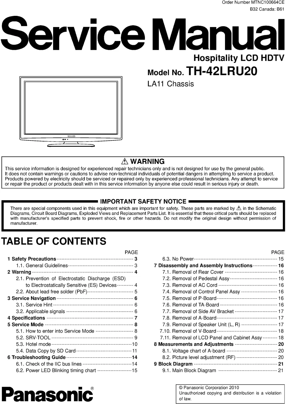 Panasonic th 42lru20 service manual cover with photo of the television, TV type, chassis code, model code, creation date and document number
