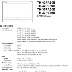 Panasonic th 42pa50 37pe50 service manual cover with photo of the television, TV type, chassis code, model code, creation date and document number