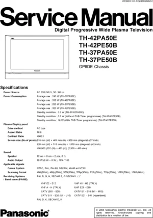 Panasonic th 42pa50 37pe50 service manual cover with photo of the television, TV type, chassis code, model code, creation date and document number