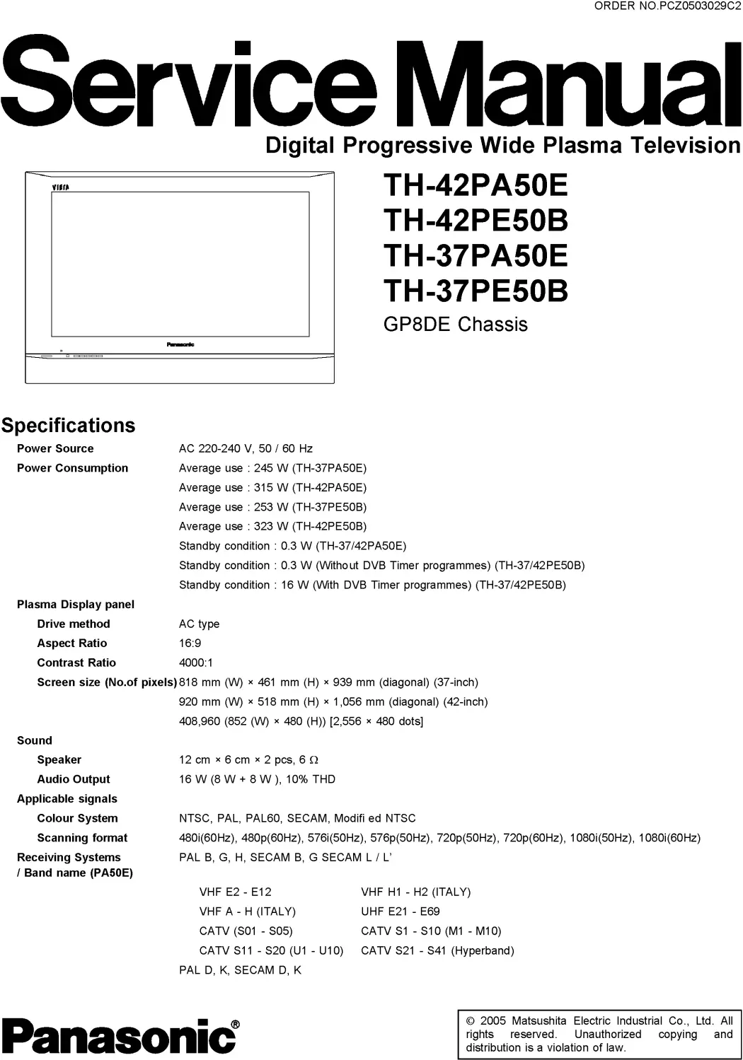 Panasonic th 42pa50 37pe50 service manual cover with photo of the television, TV type, chassis code, model code, creation date and document number
