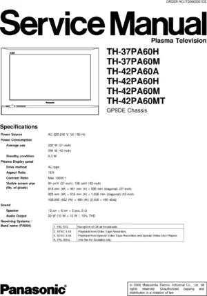 Panasonic th 42pa60 service manual cover with photo of the television, TV type, chassis code, model code, creation date and document number