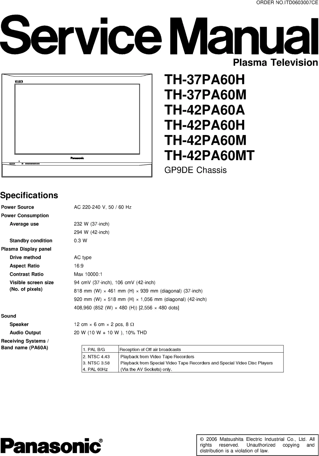 Panasonic th 42pa60 service manual cover with photo of the television, TV type, chassis code, model code, creation date and document number