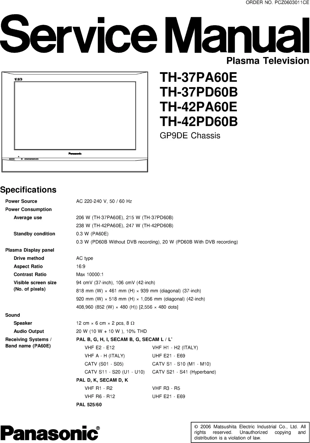 Panasonic th 42pa60e 42pd60b service manual cover with photo of the television, TV type, chassis code, model code, creation date and document number