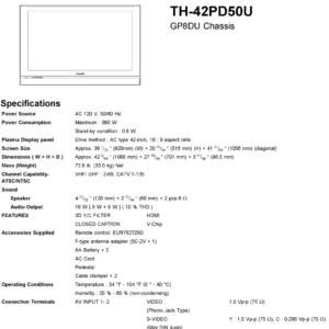 Panasonic th 42pd50u service manual cover with photo of the television, TV type, chassis code, model code, creation date and document number