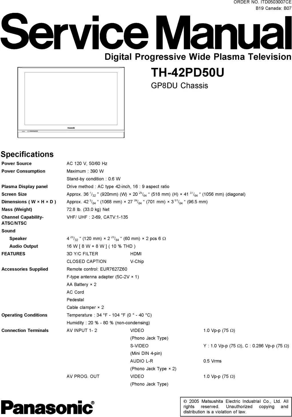 Panasonic th 42pd50u service manual cover with photo of the television, TV type, chassis code, model code, creation date and document number