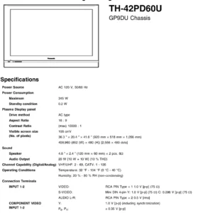 Panasonic th 42pd60u service manual cover with photo of the television, TV type, chassis code, model code, creation date and document number