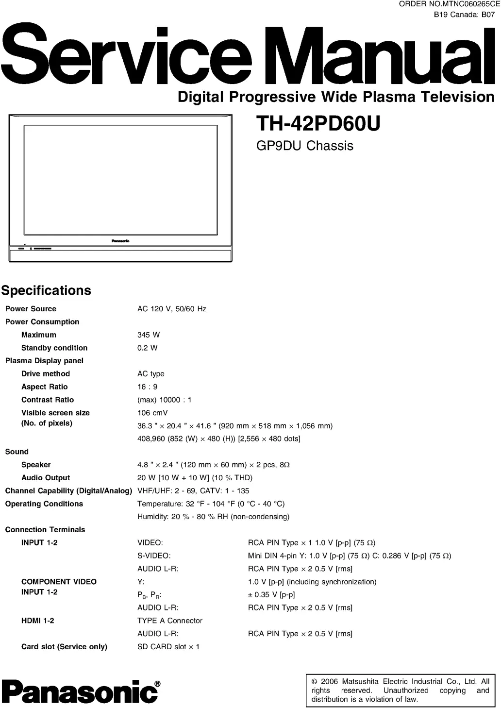 Panasonic th 42pd60u service manual cover with photo of the television, TV type, chassis code, model code, creation date and document number