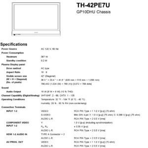 Panasonic th 42pe7u service manual cover with photo of the television, TV type, chassis code, model code, creation date and document number