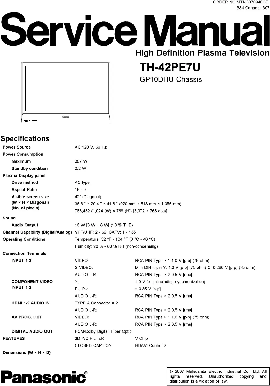 Panasonic th 42pe7u service manual cover with photo of the television, TV type, chassis code, model code, creation date and document number