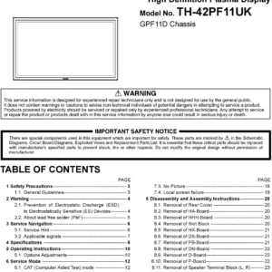 Panasonic th 42pf11uk service manual cover with photo of the television, TV type, chassis code, model code, creation date and document number