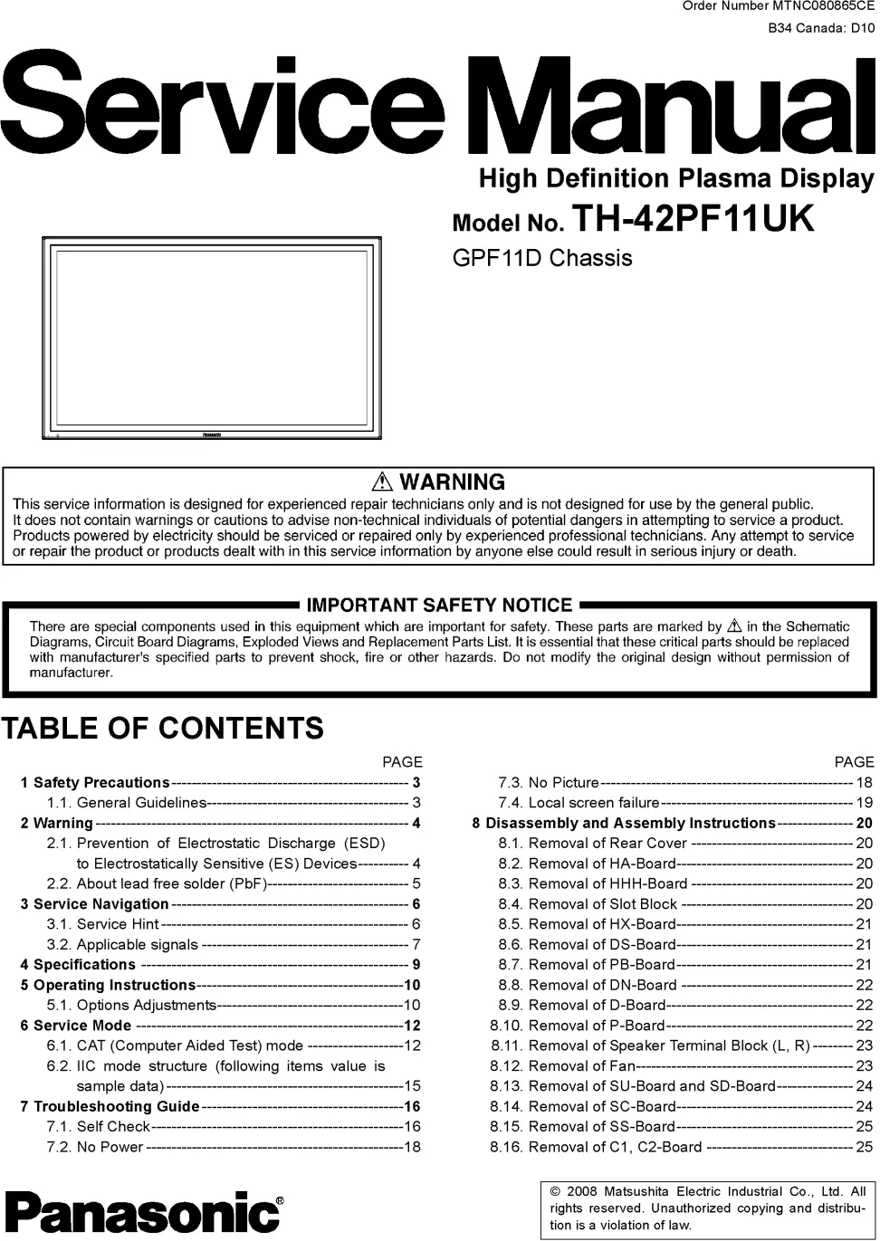 Panasonic th 42pf11uk service manual cover with photo of the television, TV type, chassis code, model code, creation date and document number