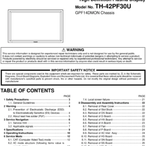 Panasonic th 42pf30u service manual cover with photo of the television, TV type, chassis code, model code, creation date and document number