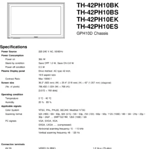 Panasonic th 42ph10 service manual cover with photo of the television, TV type, chassis code, model code, creation date and document number