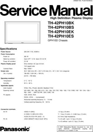 Panasonic th 42ph10 service manual cover with photo of the television, TV type, chassis code, model code, creation date and document number