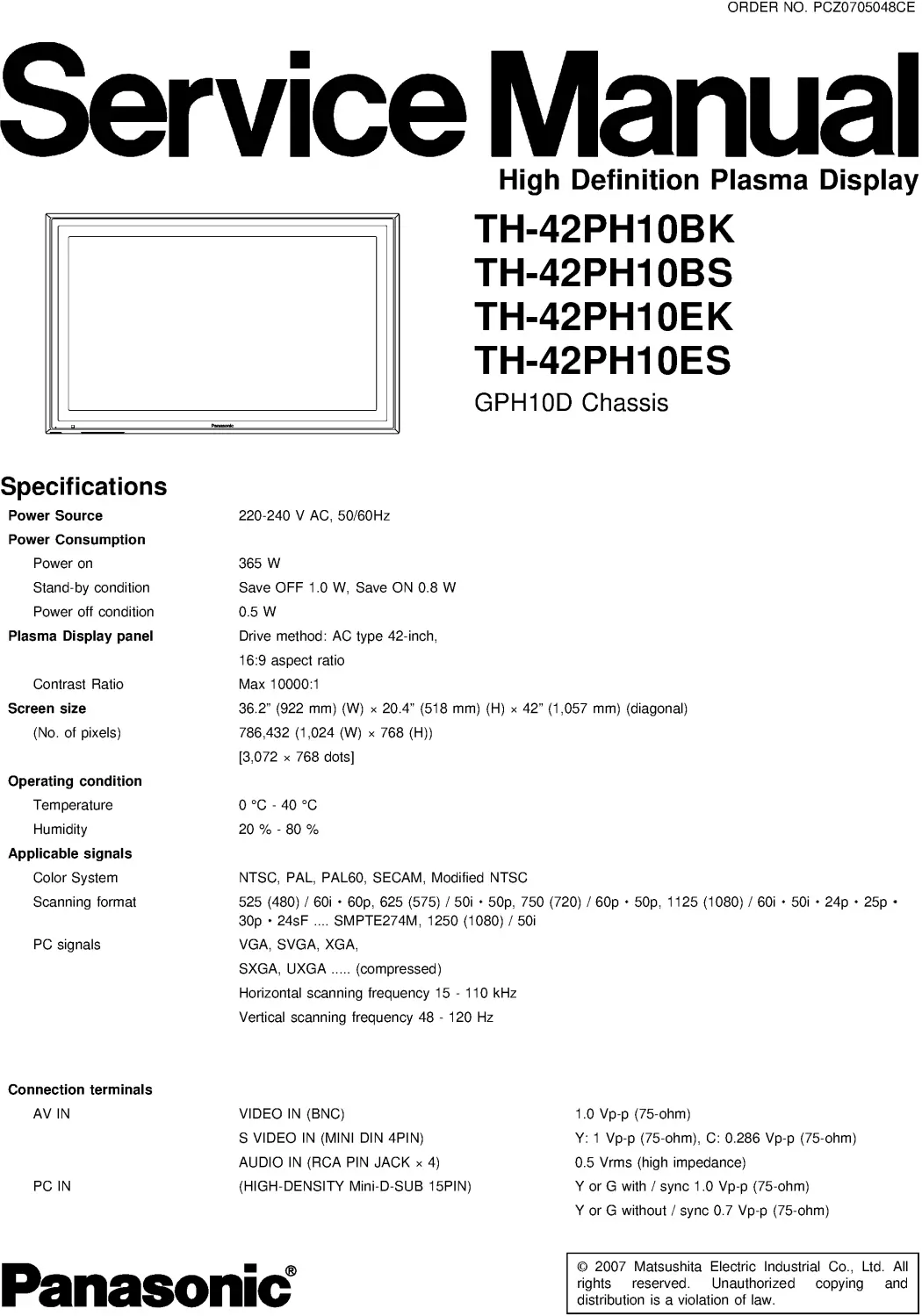 Panasonic th 42ph10 service manual cover with photo of the television, TV type, chassis code, model code, creation date and document number