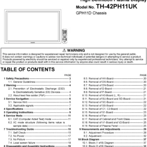 Panasonic th 42ph11uk service manual cover with photo of the television, TV type, chassis code, model code, creation date and document number