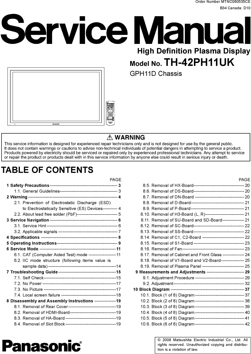Panasonic th 42ph11uk service manual cover with photo of the television, TV type, chassis code, model code, creation date and document number