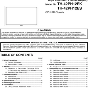 Panasonic th 42ph12ek 42ph12es service manual cover with photo of the television, TV type, chassis code, model code, creation date and document number