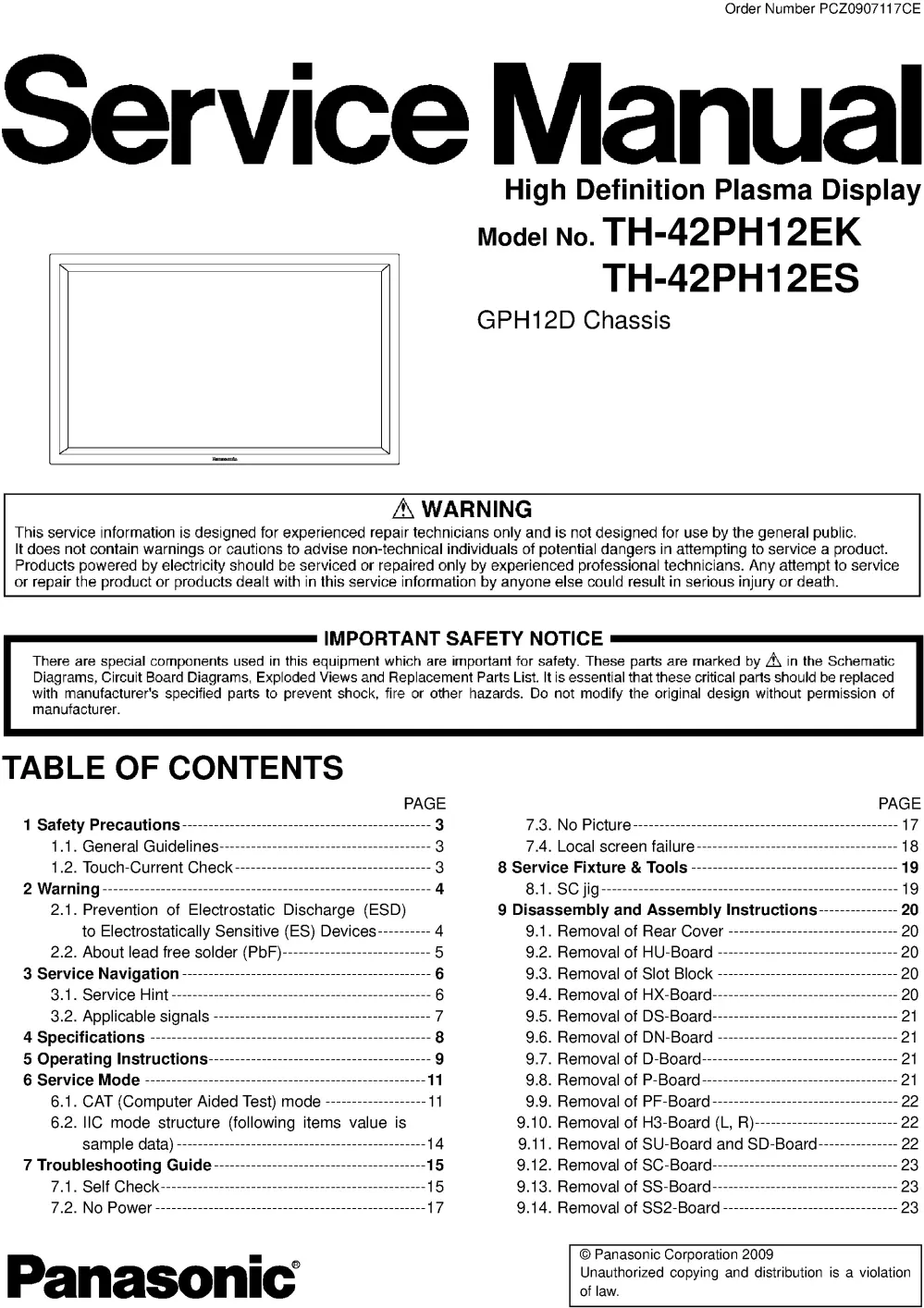 Panasonic th 42ph12ek 42ph12es service manual cover with photo of the television, TV type, chassis code, model code, creation date and document number