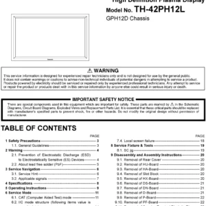 Panasonic th 42ph12l service manual cover with photo of the television, TV type, chassis code, model code, creation date and document number