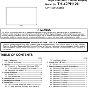 Panasonic th 42ph12u service manual cover with photo of the television, TV type, chassis code, model code, creation date and document number