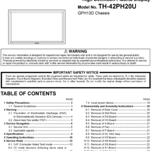 Panasonic th 42ph20u service manual cover with photo of the television, TV type, chassis code, model code, creation date and document number