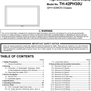 Panasonic th 42ph30u service manual cover with photo of the television, TV type, chassis code, model code, creation date and document number