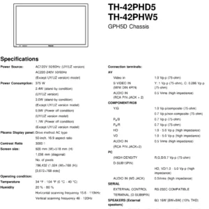 Panasonic th 42phd5 42phw5 service manual cover with photo of the television, TV type, chassis code, model code, creation date and document number