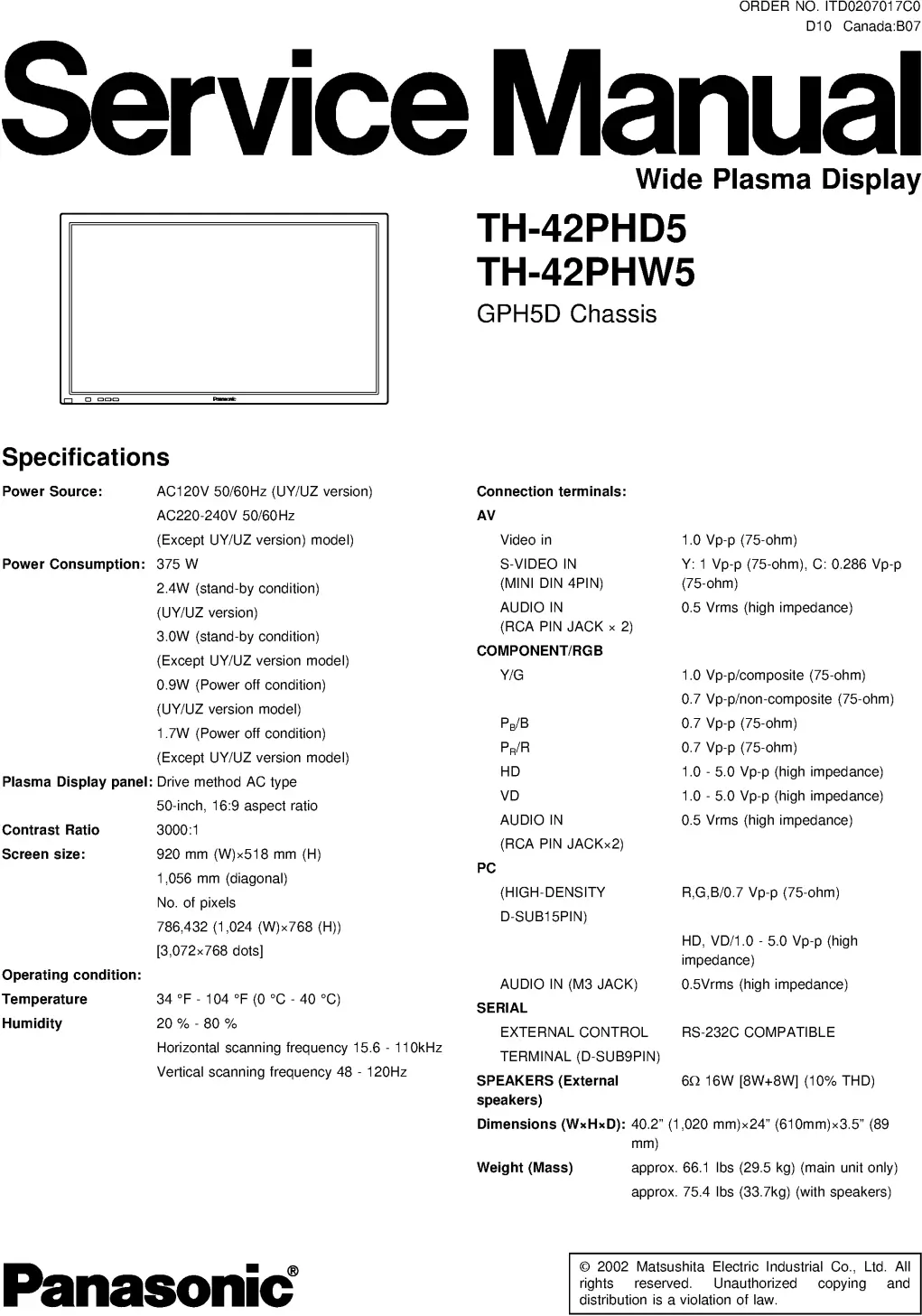 Panasonic th 42phd5 42phw5 service manual cover with photo of the television, TV type, chassis code, model code, creation date and document number