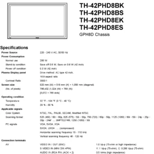 Panasonic th 42phd8 service manual cover with photo of the television, TV type, chassis code, model code, creation date and document number