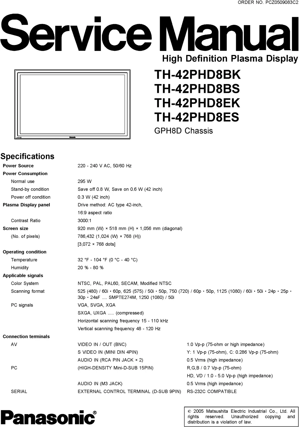 Panasonic th 42phd8 service manual cover with photo of the television, TV type, chassis code, model code, creation date and document number