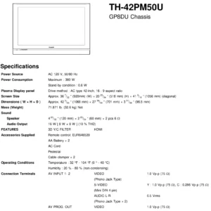 Panasonic th 42pm50u service manual cover with photo of the television, TV type, chassis code, model code, creation date and document number