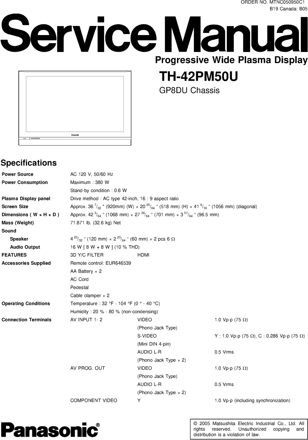 Panasonic th 42pm50u service manual cover with photo of the television, TV type, chassis code, model code, creation date and document number