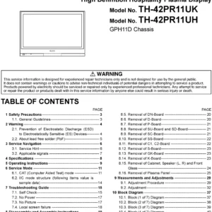 Panasonic th 42pr11uk 42pr11uh service manual cover with photo of the television, TV type, chassis code, model code, creation date and document number