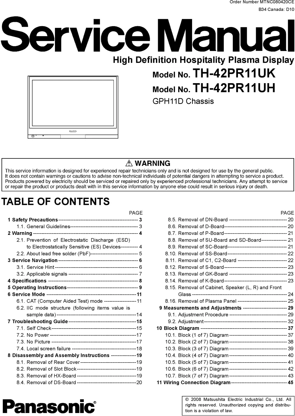 Panasonic th 42pr11uk 42pr11uh service manual cover with photo of the television, TV type, chassis code, model code, creation date and document number
